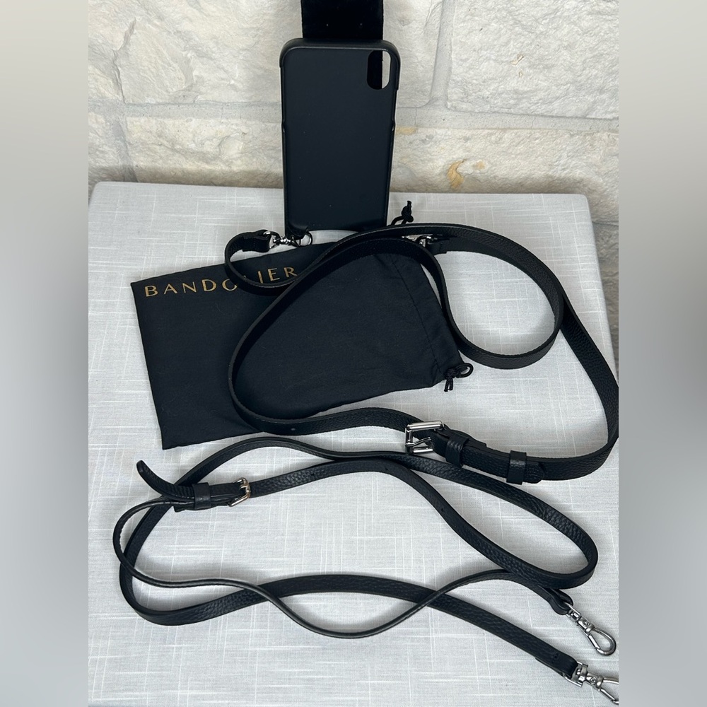 Bandolier I-Phone 2 XR Case Black Pebble Leather Two Straps with Nylon Pouch